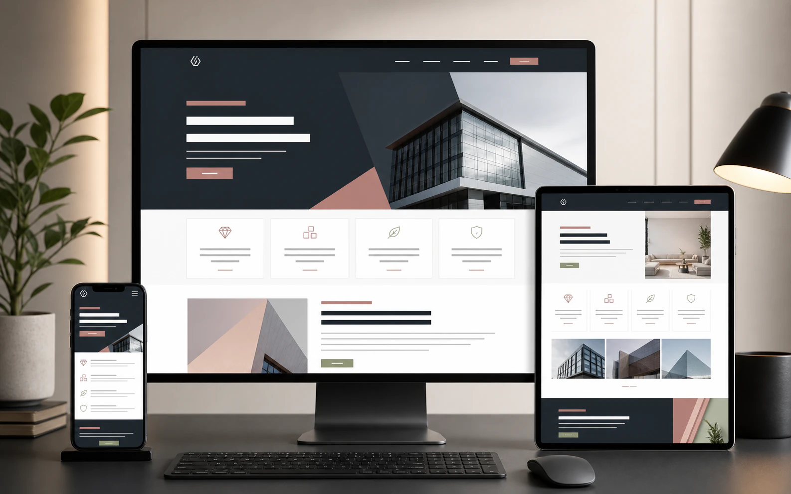 Responsive corporate website displayed on desktop, tablet, and mobile