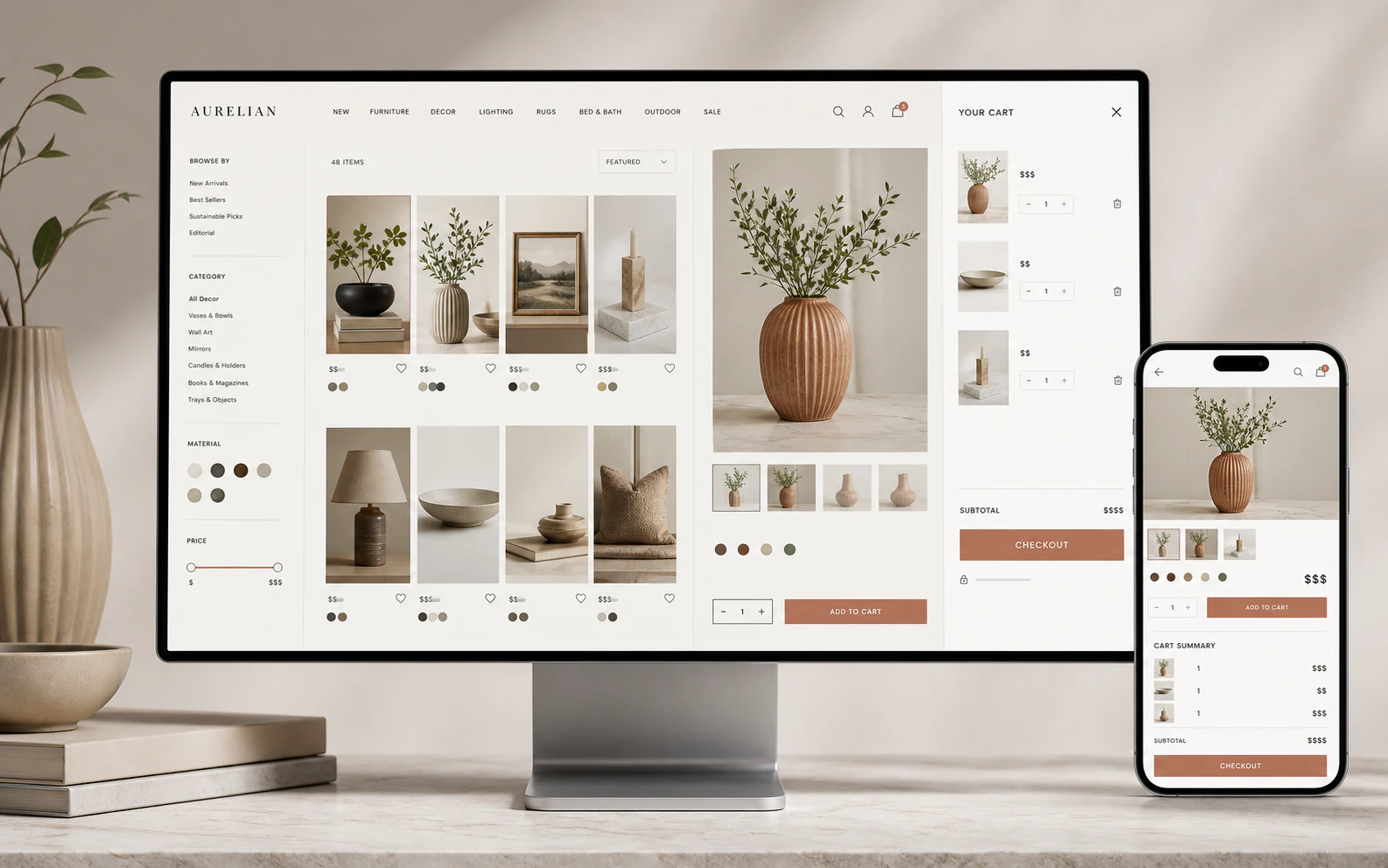 Home decor store with product discovery, product details, cart, and mobile shopping