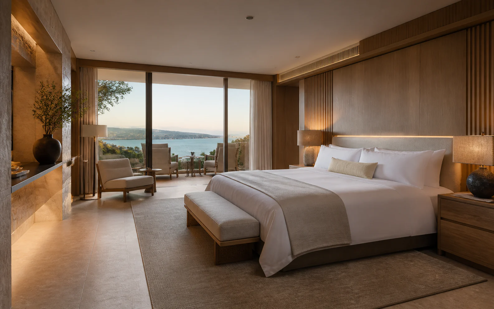 Premium coastal hotel suite prepared for a guest stay