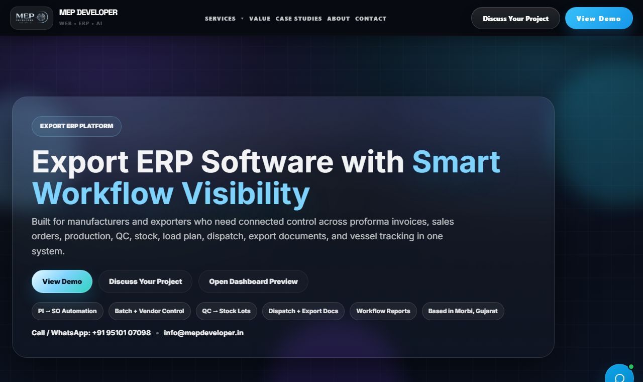 Export ERP dashboard and connected workflow preview